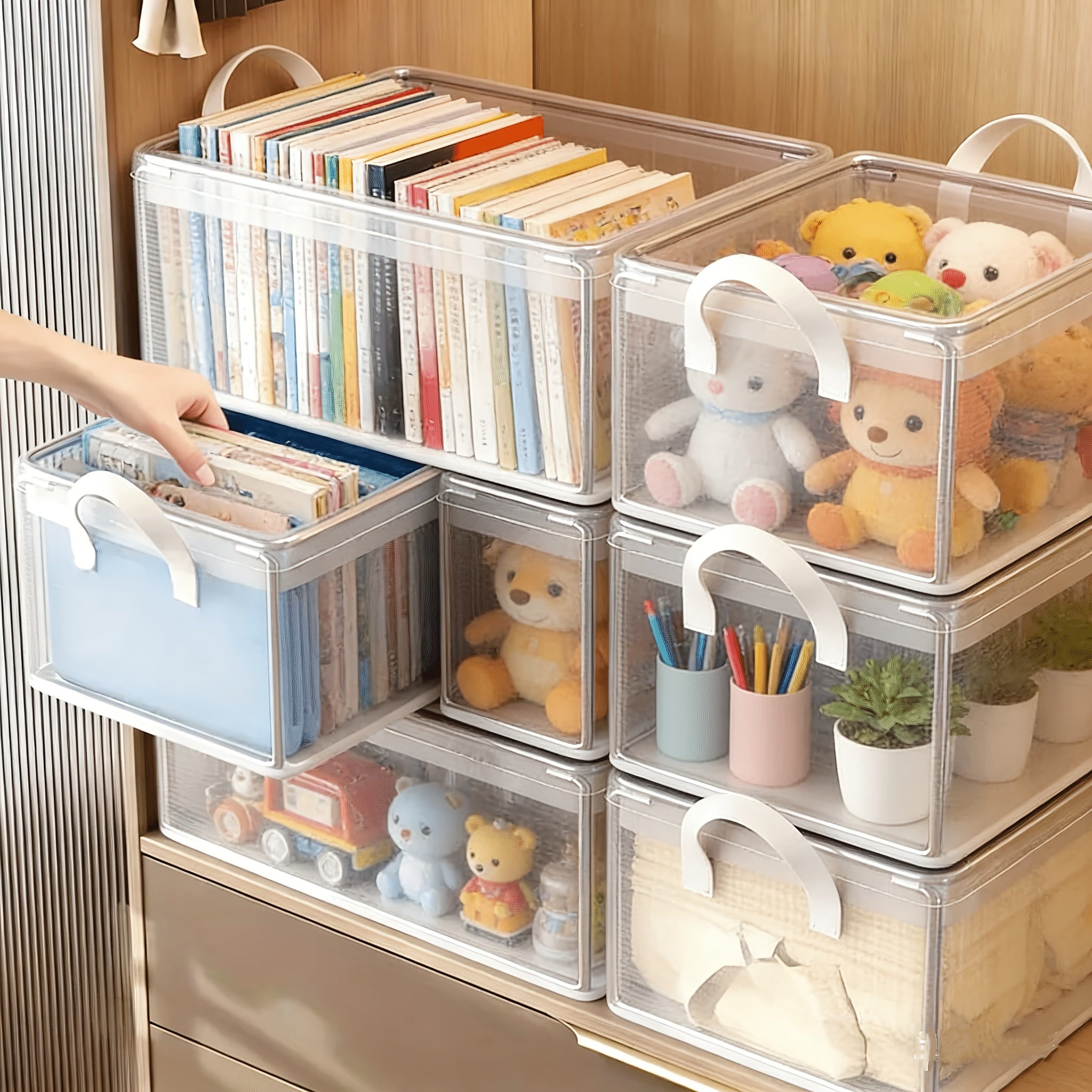 Modern 6pcs Stackable Home Storage Bins – portable space-saving storage, 6pcs Storage Box Stackable Steel Frame Wardrobe Storage Box Transparent Foldable PVC Storage Box, designed for American homes, daily convenience and practical gifting