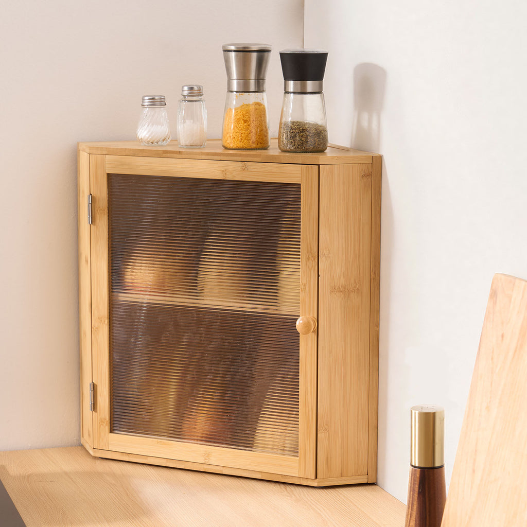 VEVOR Corner Bread Box for Kitchen Counter Double Layer Bamboo Storage Container Black / Natural