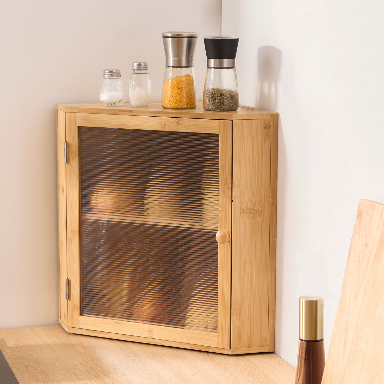 VEVOR Corner Bread Box for Kitchen Counter Double Layer Bamboo Storage Container Black / Natural