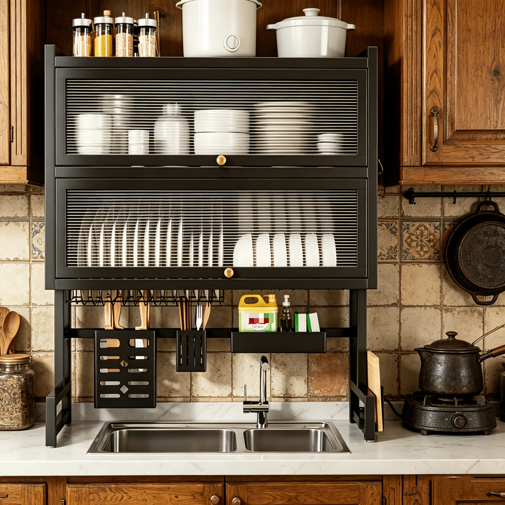 3-Tier Black Metal Kitchen Organizer with Dish Rack, Cutting Board Holder & Utensil Hooks - Over Sink/Countertop Space-Saving Storage for Plates, Bowls - Includes Lid, Spice Containers & Cup Holders - Durable Design for Organized Home Chef Kitchens