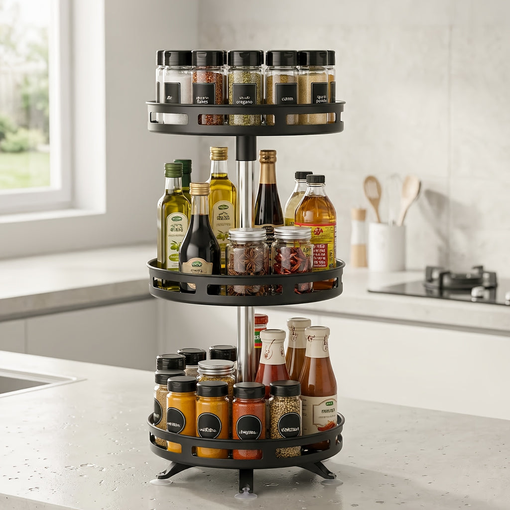 3-story Rotatable Kitchen Seasoning Rack, 360-degree Rotating Metal Turntable, Adjustable Shelves, Rotatable Spice And Seasoning Storage Rack, Kitchen Spice Jar Organizer, Kitchen Accessories