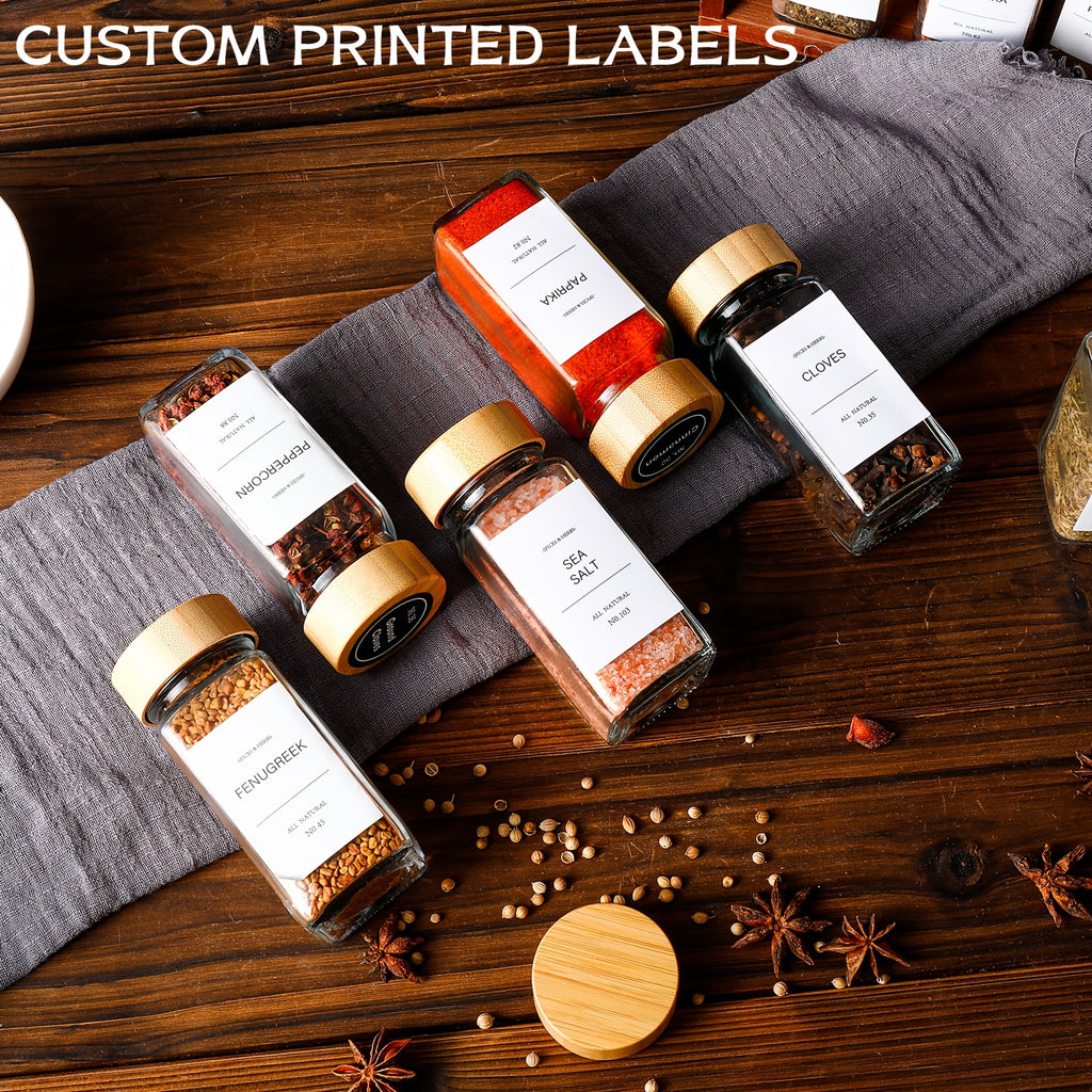 15/24/36pcs Glass Food Dispensing Jars - 4oz, with Bamboo Lids, Labeled Glass Jars with Collapsible Funnels, Spice Racks, Cupboards, And Drawers for Seasoning Dispensing Storage Bottles, Food Dispensers