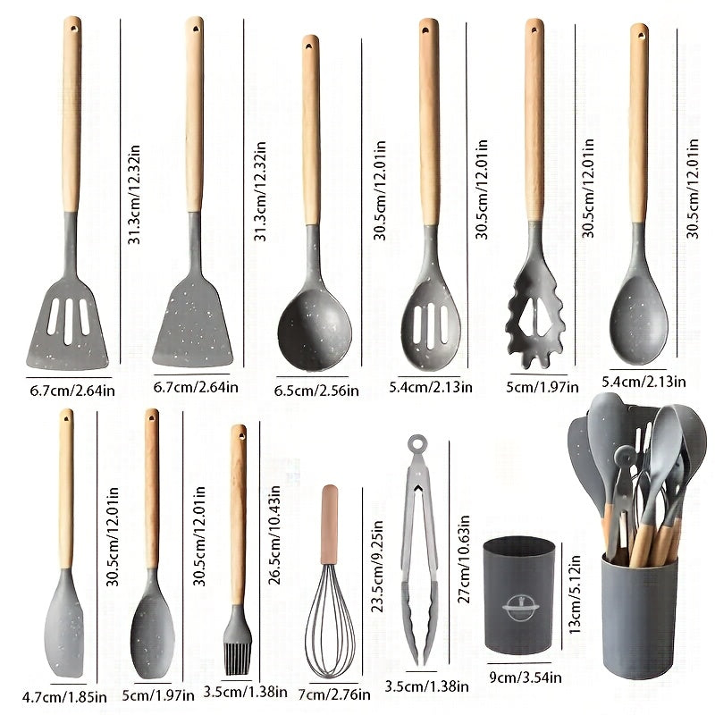12pcs Silicone Cooking Kitchen Utensils Set with Wooden Handle, Silicone Flip Flop Tongs Spatula Spoon Kitchen Utensils Set for Non-Stick Cookware, Wooden Handle Silicone Kitchen Gadget Utensils Set, Meets Your Cooking Needs