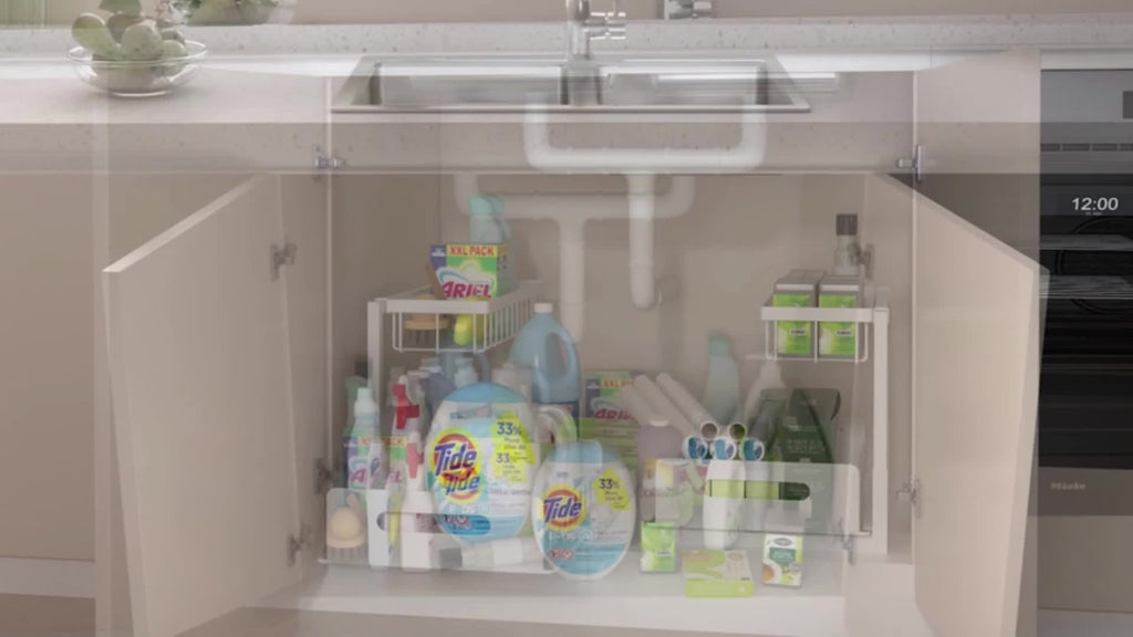 Set of 2 Under-Sink Storage Organizers, Featuring a Pull-Out Cabinet Design, with a Two-Tier Sliding Basket Shelf Suitable for Kitchen And Bathroom Use, Adjustable L-Shaped Counter Organizers