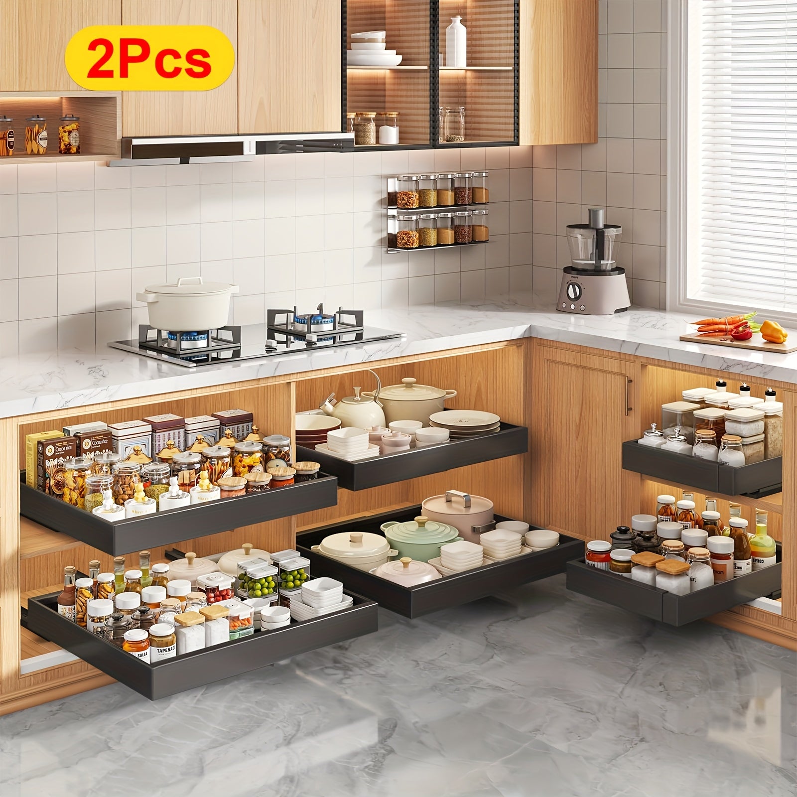 Easy-Access Pull-Out Cabinet Organizer – smooth-access cabinet organization, Set of 4 Sturdy Carbon Steel Sliding Storage Organizers for Kitchen Cabinets Featuring Expandable, designed for American homes, daily convenience and practical gifting