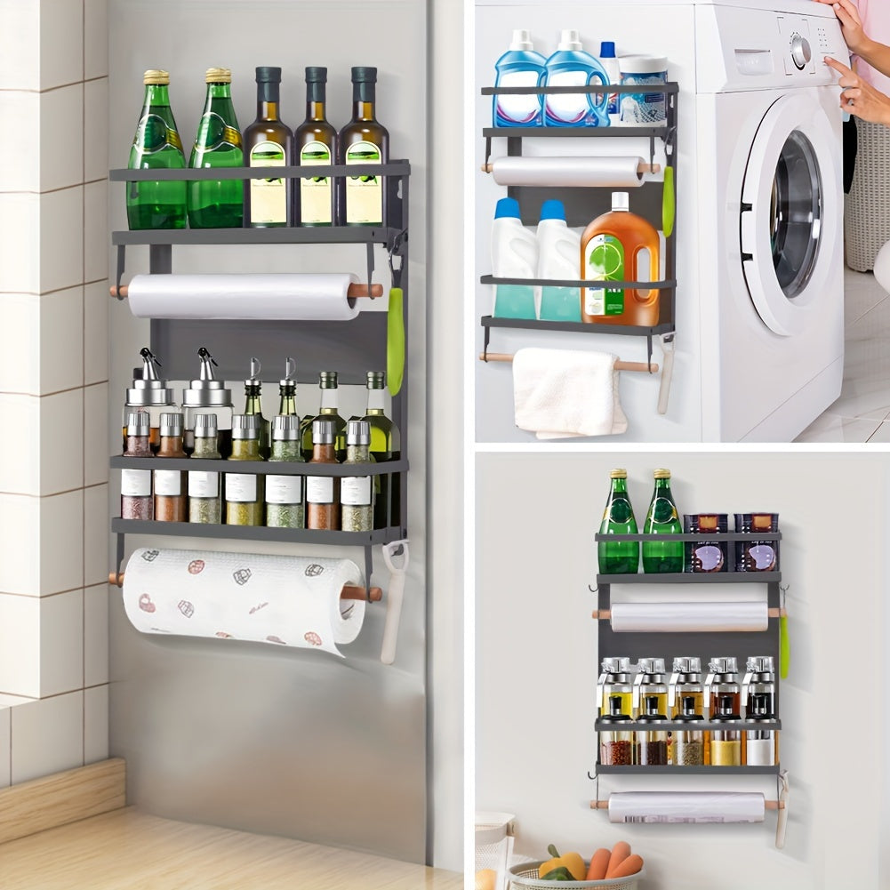 Magnetic Fridge Organizer Spice Rack With Paper Towel Holder And 5 Extra Hooks | 4 Tier Magnet Refrigerator Shelf In Kitchen
