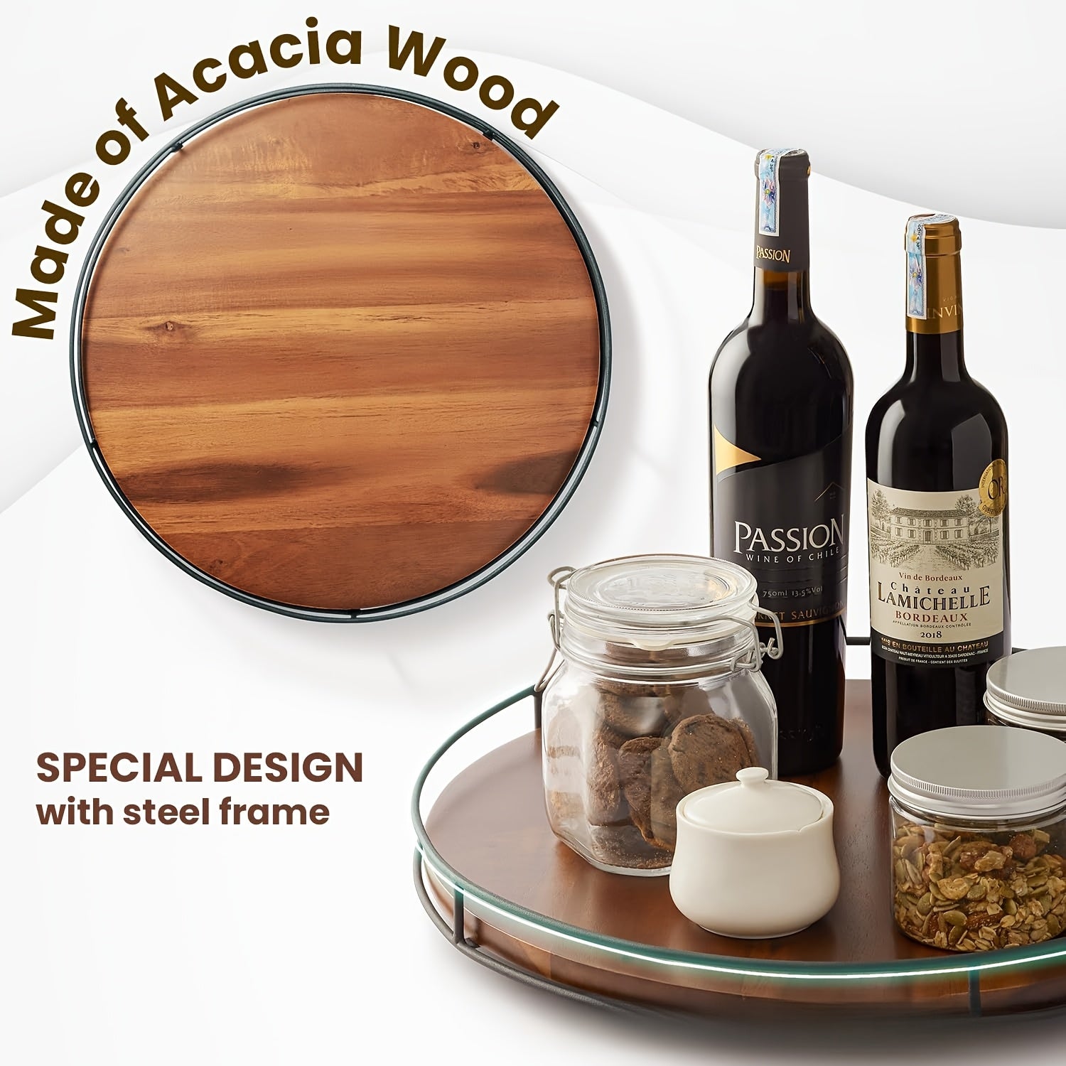 9 Inch Lazy Susan Turntable for Table, Kitchen Rustic Brown Turntable Organizer with Steel Frame, 360 Degree Decorative Lazy Susan for Countertop Cabinet Or Centerpieces