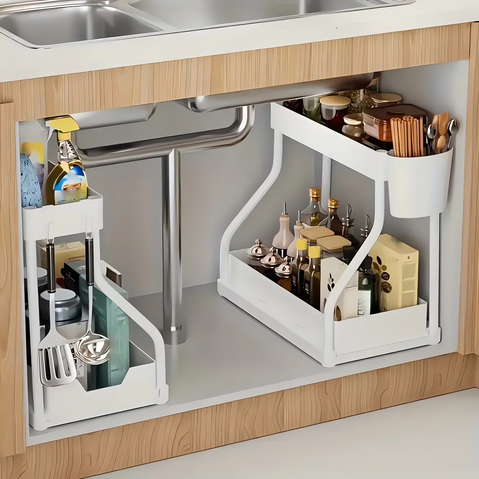 2pcs Under-Sink Organizer with Sliding Shelves, Multi-Functional Black Plastic Storage Baskets for Bathroom And Kitchen Cabinets, Durable Metal Structure, Bathroom Organizer Rack