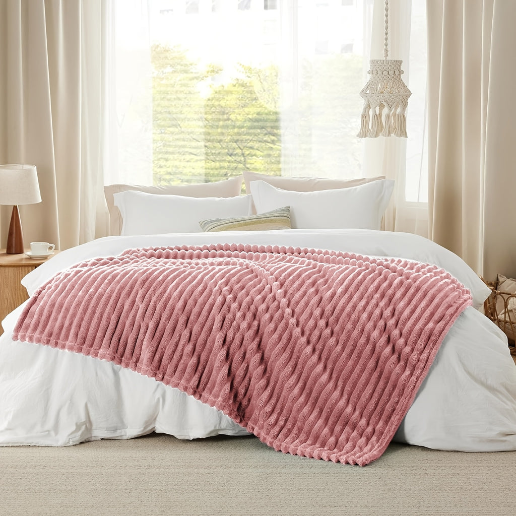 Versatile Cozy Home Textile Accent – comfortable everyday home styling, Luxurious Double-Sided Faux Rabbit Fur Throw Blanket - Cozy Striped Flannel Soft And Warm, designed for American homes, daily convenience and practical gifting