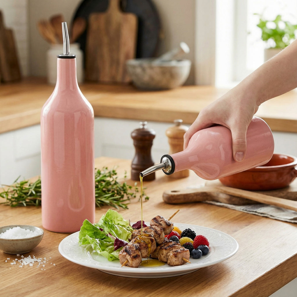 2pcs Ceramic Pink Olive Oil Dispenser Bottle for Kitchen with Stainless Steel Spout Large Capacity for Storage of Oil, Vinegar, Coffee Syrups And Other Liquids