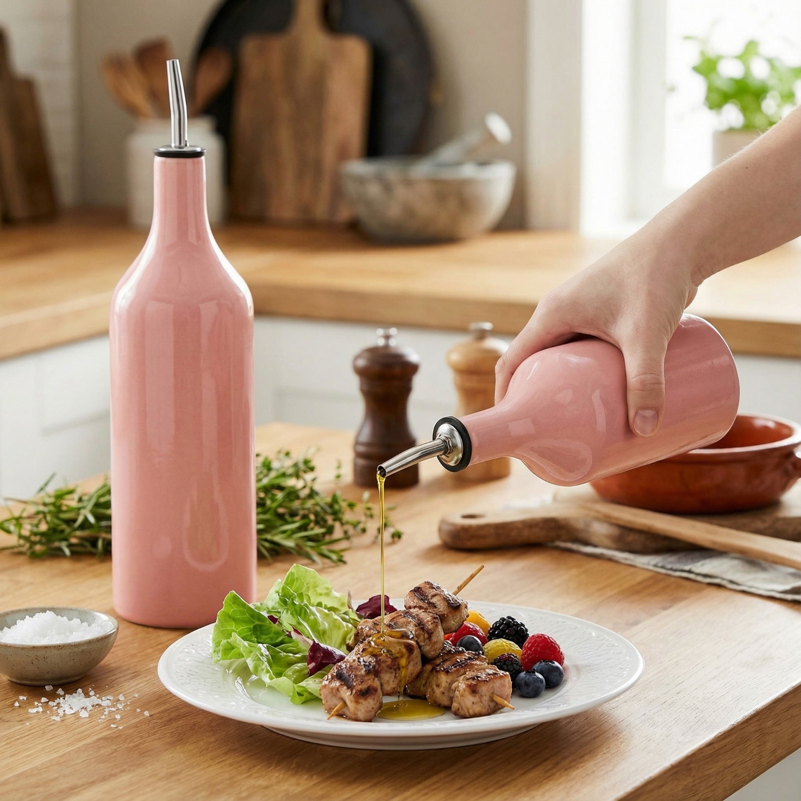 2pcs Ceramic Pink Olive Oil Dispenser Bottle for Kitchen with Stainless Steel Spout Large Capacity for Storage of Oil, Vinegar, Coffee Syrups And Other Liquids