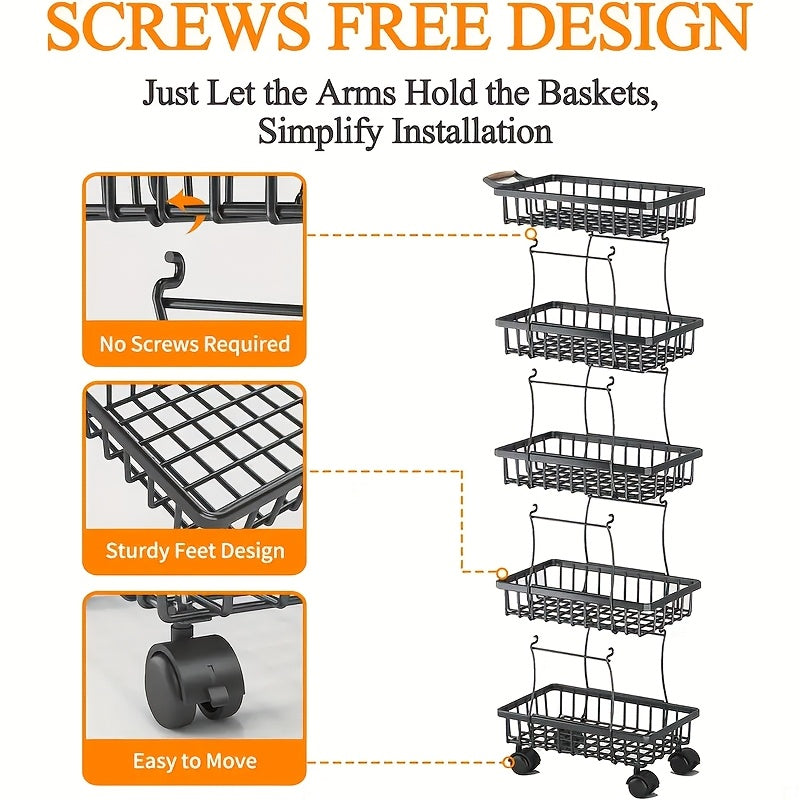 4/5 Layer Fruit And Vegetable Basket, Stackable Metal Storage Cart (with Wheels), Rotating Storage Rack, Narrow Gap Cart, Corner Rack, Open Shelf | Suitable For Kitchen, Pantry, Bathroom, Floor Standing Food Storage Machine