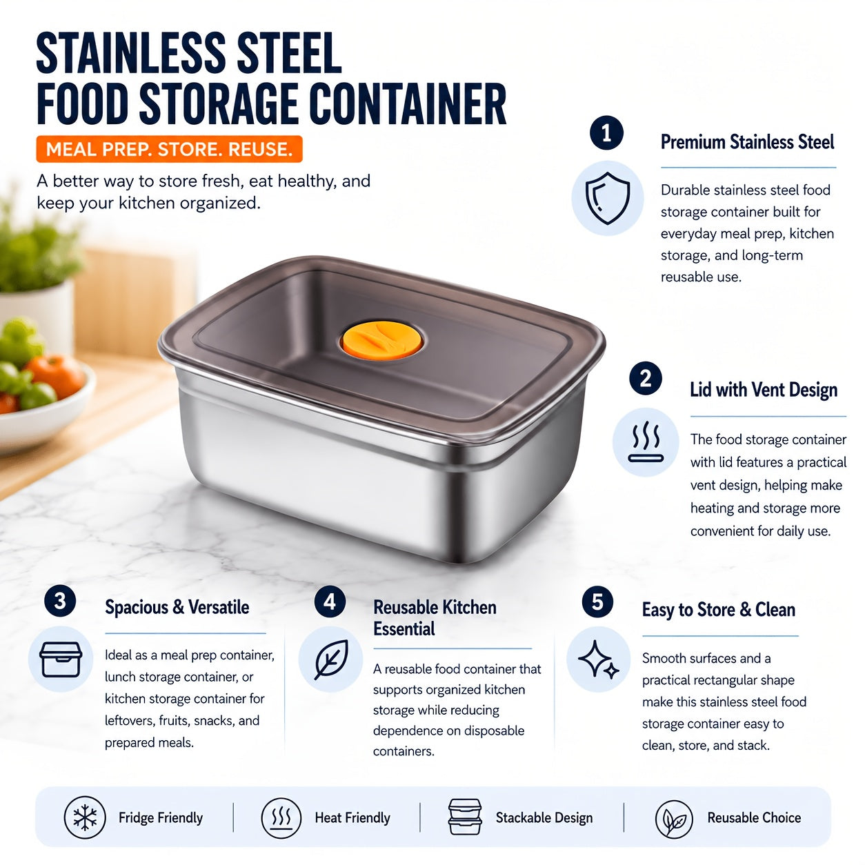 Premium 3pcs Airtight Food Storage Containers – leak-resistant reusable meal prep, 3pcs Airtight Stainless Steel Food Container with Lid Vacuum Seal Leak Proof Lunch Box, designed for American homes, daily convenience and practical gifting
