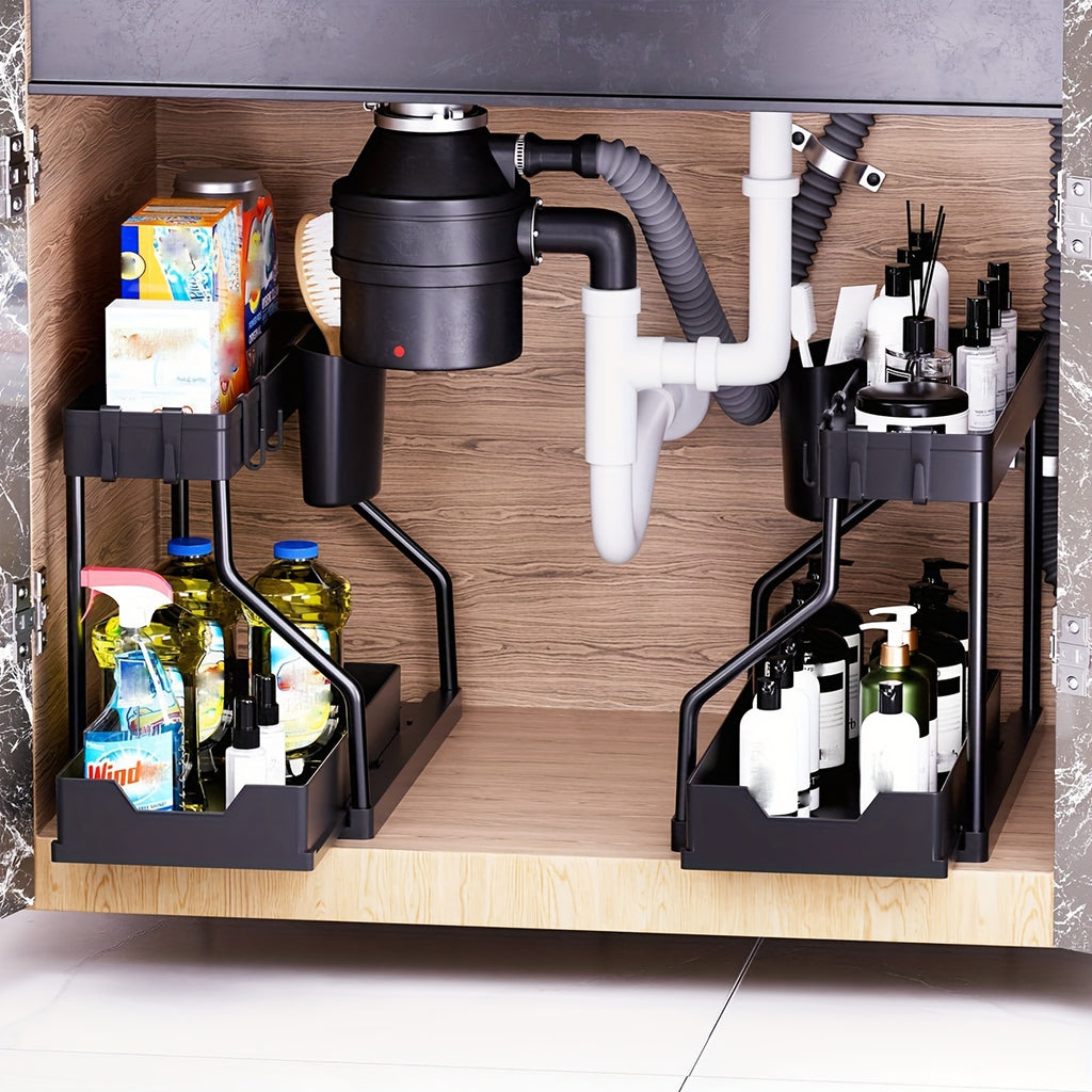 Home Organizer – 2pcs Under Sink Organizer with Sliding Shelves - Durable Pull-Out Cabinet Organize