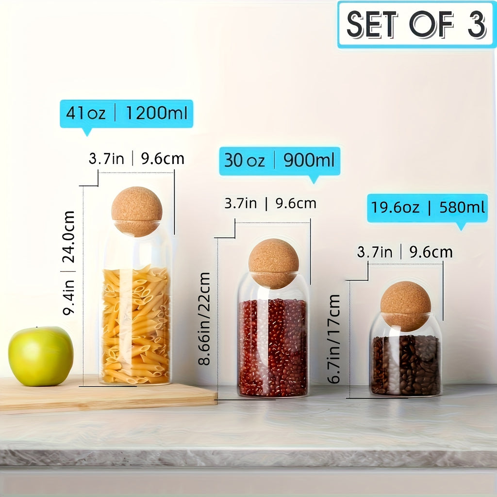 3pcs Glass Storage Container with Spherical Cork Stopper, 17 Oz/500Ml Glass Jar, Suitable for Kitchen Seasoning Container Set, Moisture Resistant for Kitchen Tidying And Storage, Ramadan, Valentine'S Day, Thanksgiving