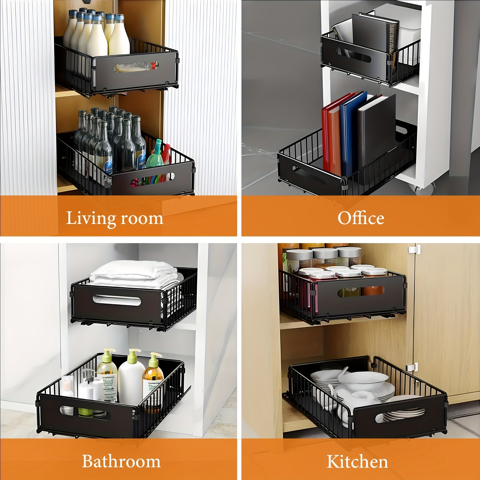 Kitchen Essential – 2pcs, Cabinet Pull-out Storage Basket, Bathroom Sink Slide-out Storage Basket, Sliding Multipurpose Organizer, Spice Rack, Snack Rack, Household Items And Cleaning Suppli