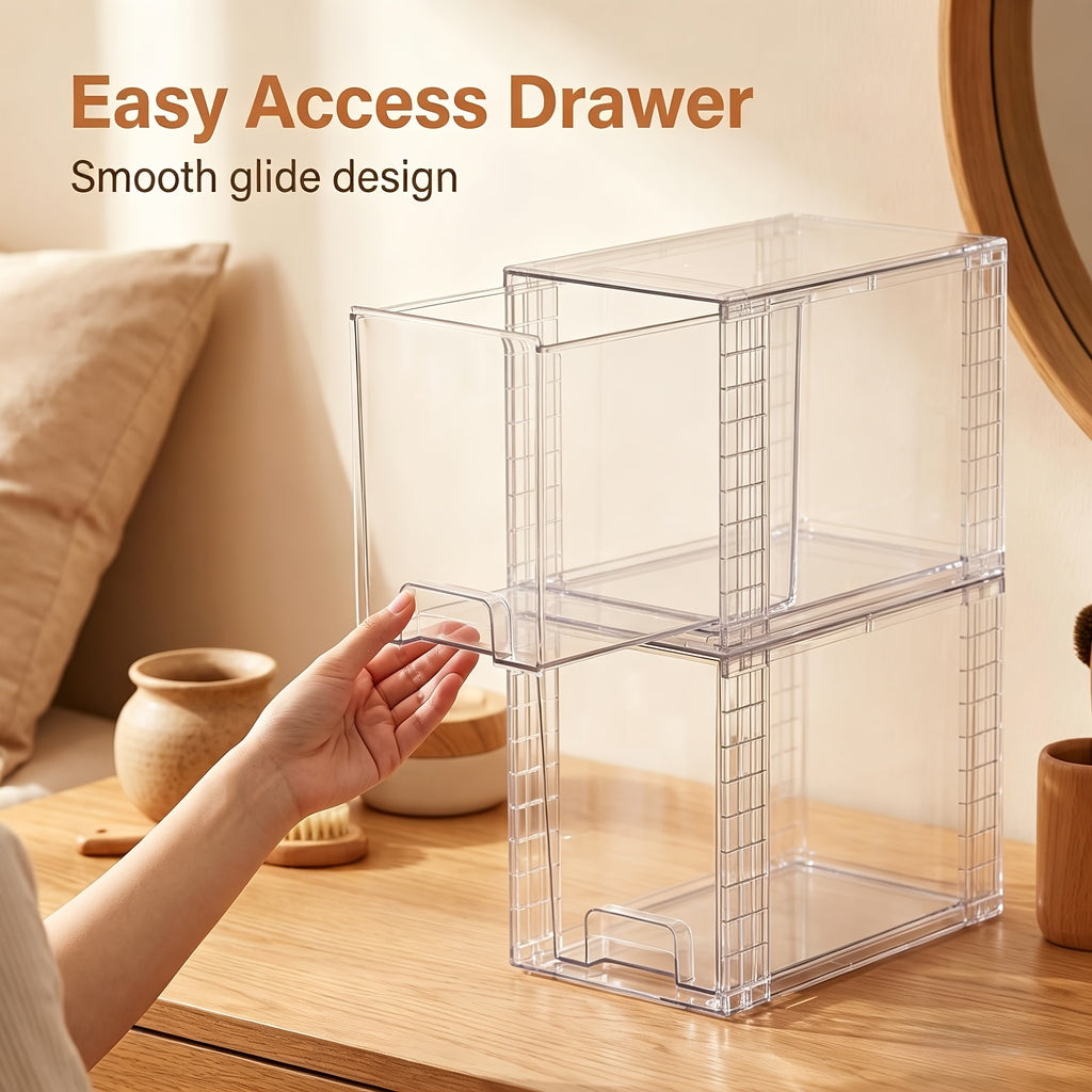 4 Pack 9.7" High Clear Plastic Under Sink Storage, Drawers Organizer - Stackable Storage Bins For Skincare, Makeup, Bathroom & Kitchen Organization - Fits Cabinet, Undersink, Pantry, Vanity