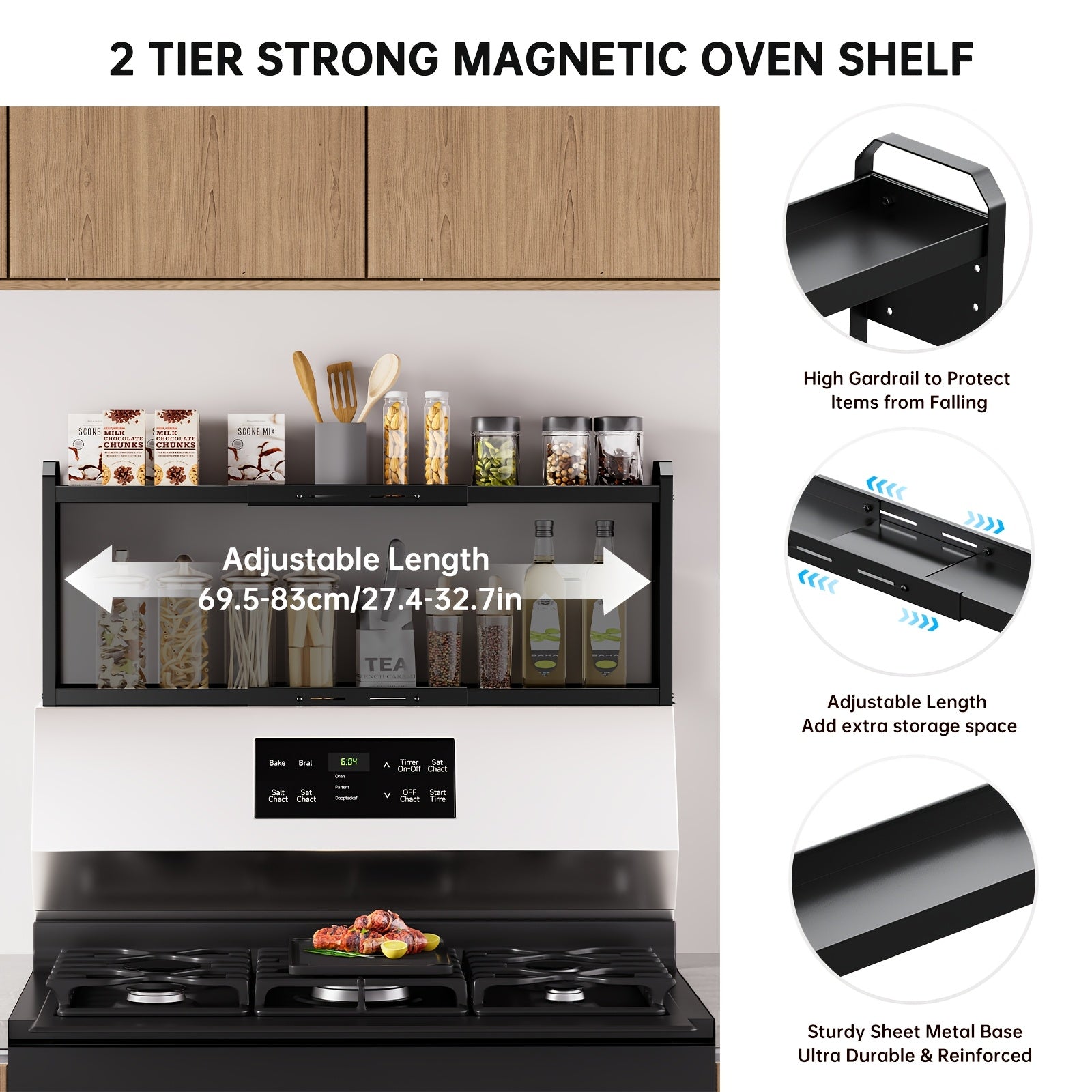 Heavy-Duty Adjustable Home Storage Rack – durable multi-purpose storage, Heavy-Duty Magnetic Over The Stove Shelf Shelf - 2-Tier Expandable Length Carbon Powder-Coated Suitable, designed for American homes, daily convenience and practical gifting