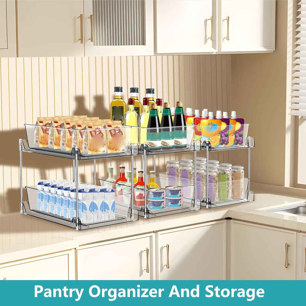 1/2pcs Large-Capacity Double-Layer Transparent Pull-Out Storage Multi-Purpose Slide-Out Storage Container Space-Saving Design Durable Plastic Shelves Bathroom Vanity Storage Sink Cabinet Storage Kitchen Organization