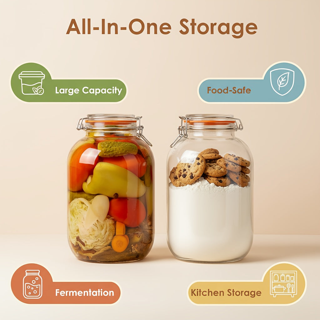 2-pack - Glass Wide-mouth Jar with Sealing Lid, 1 Gallon Wide-mouth Storage Jar with Hinged Lid, for Fermentation, Canning, Preservation, Kitchen Storage