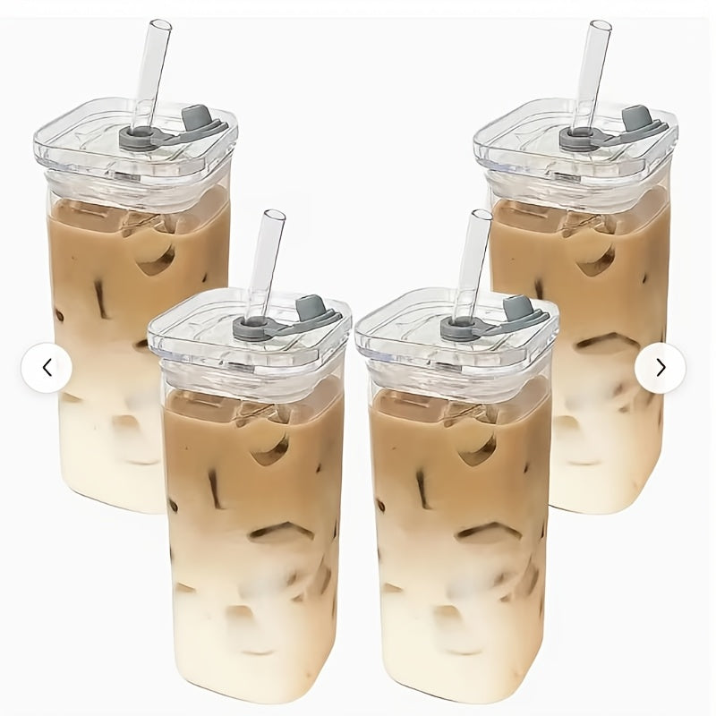 Compact 13oz Reusable Drinkware Set – easy-access beverage storage, Set of 4 Square Glass Cups with Lids 13oz Capacity Perfect Coffee Cups Includes, designed for American homes, daily convenience and practical gifting