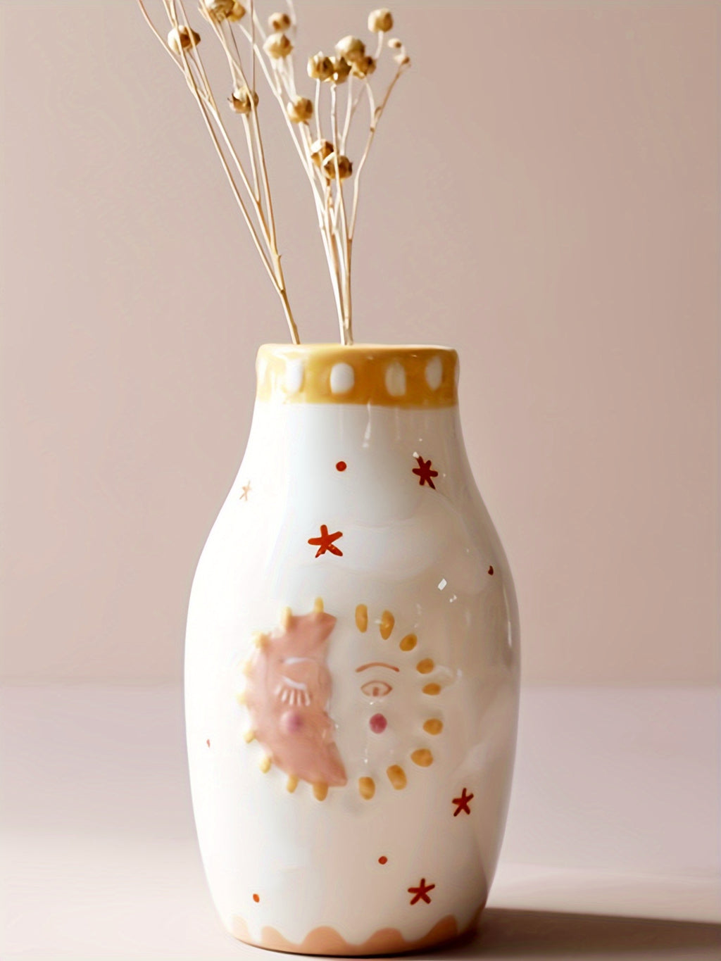 Unique Ceramic Vase, Cute Boho Decor, Small Cream Vase For Dried Flowers Or Single Bud - Sun And Moon Face Design