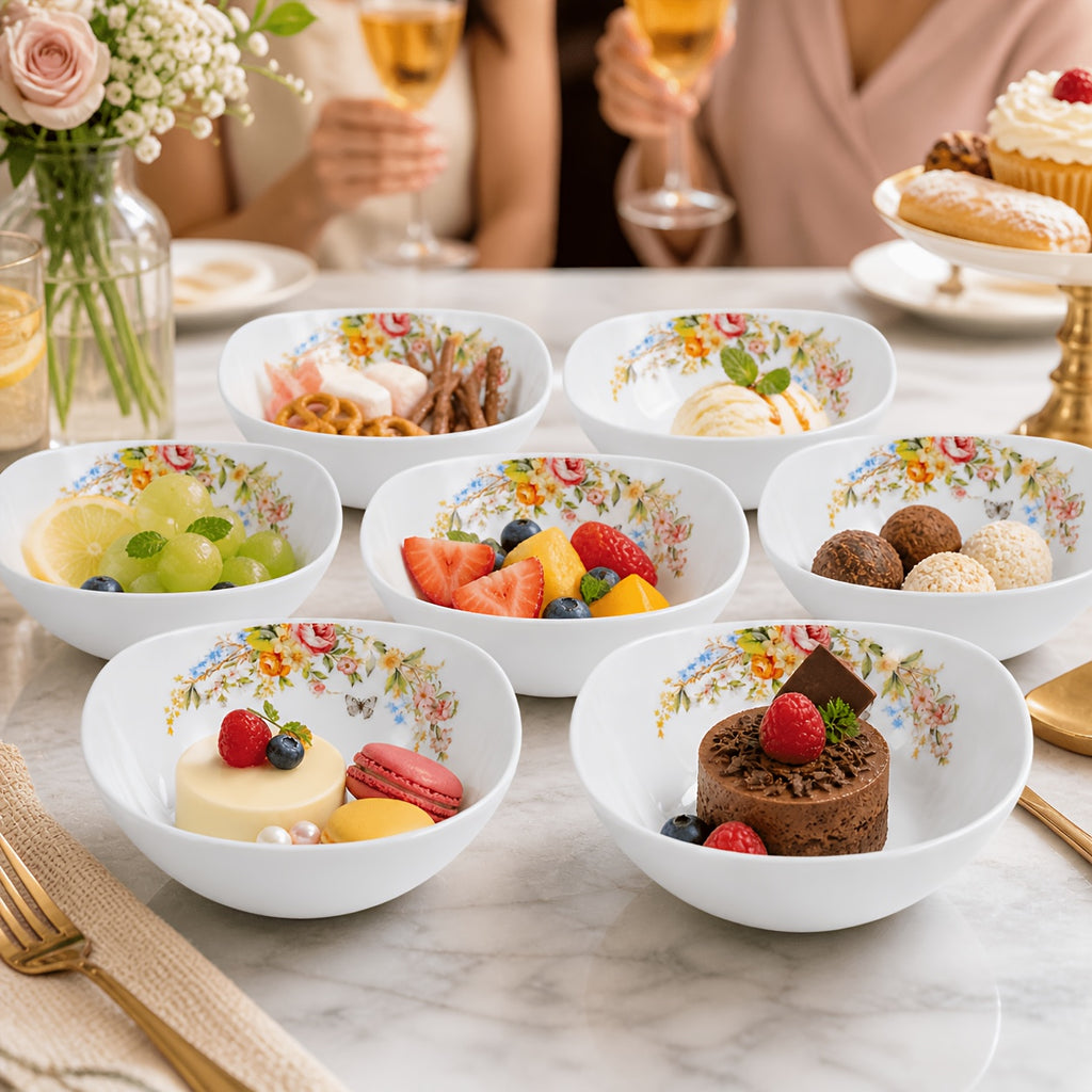 [4pcs Ceramic Bowl] 4pcs Modern Square 5Inch Ceramic Bowl Stylish Curved Edge Design Floral Pattern Soup Dessert Bowl Unique Shape Dinnerware Minimalist Nordic Style Salad Rice Serving Bowl Aesthetic Home Kitchen Tableware