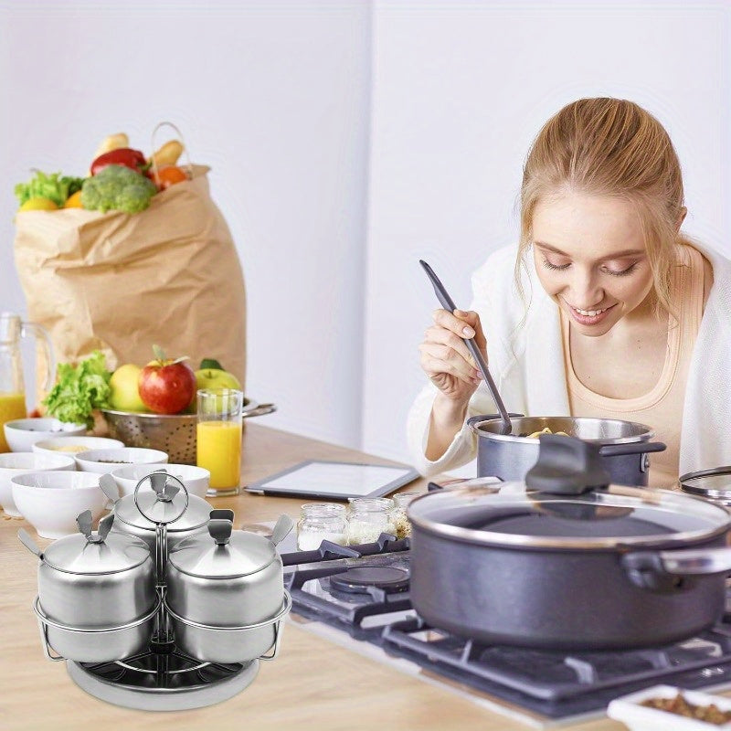 Premium 3pcs Adjustable Home Storage Rack – durable multi-purpose storage, 3pcs Stainless Steel Rotating Spice Rack Condiment Set with Spinning Base Lids Spoons -, designed for American homes, daily convenience and practical gifting