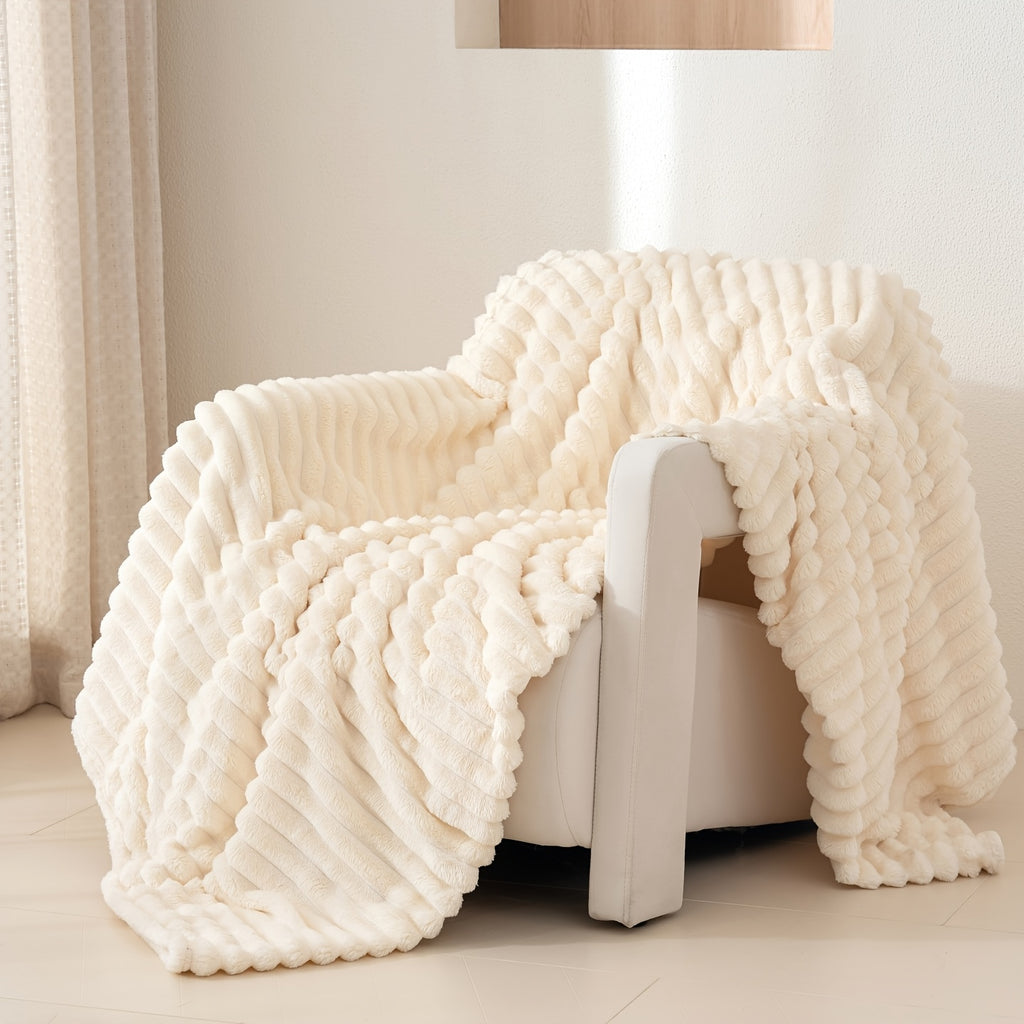Versatile Cozy Home Textile Accent – comfortable everyday home styling, Luxurious Double-Sided Faux Rabbit Fur Throw Blanket - Cozy Striped Flannel Soft And Warm, designed for American homes, daily convenience and practical gifting