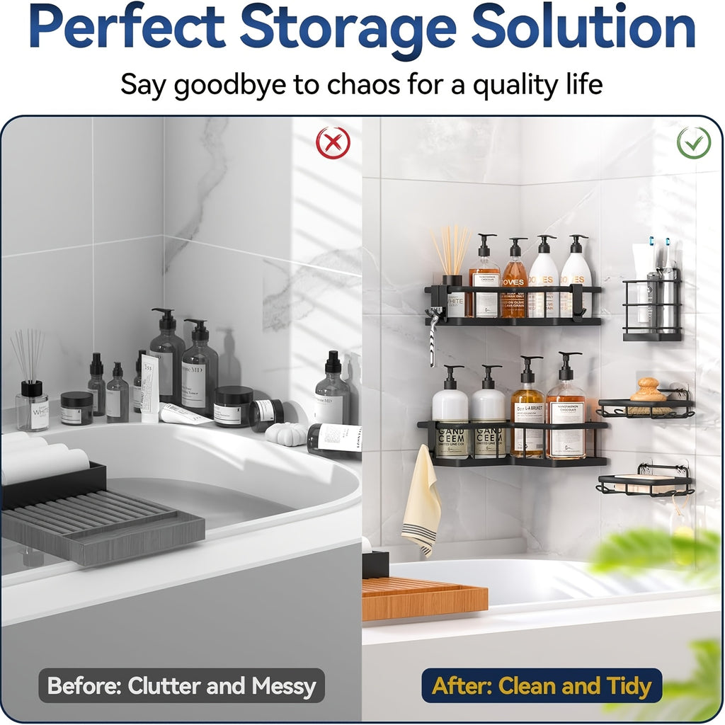 Premium 5pcs Adjustable Home Storage Rack – durable multi-purpose storage, Corner Shower Shelf 5pcs Set Adhesive Mounted Rust-Proof Corner Shower Organizer with Soap Dish, designed for American homes, daily convenience and practical gifting