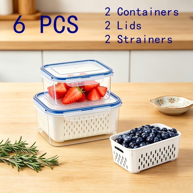 [Food-Grade Storage Containers] 18/15/9/6/4Pcs Food-Grade Drainage Baskets. Household Airtight Refrigerator Fresh-Keeping Storage Containers With Drain Basket And Lid For Storing Various Fruits And Vegetables. 6/5/3/2 Boxs+6/5/3/2 Covers +6/5/3/2 Drain Ne