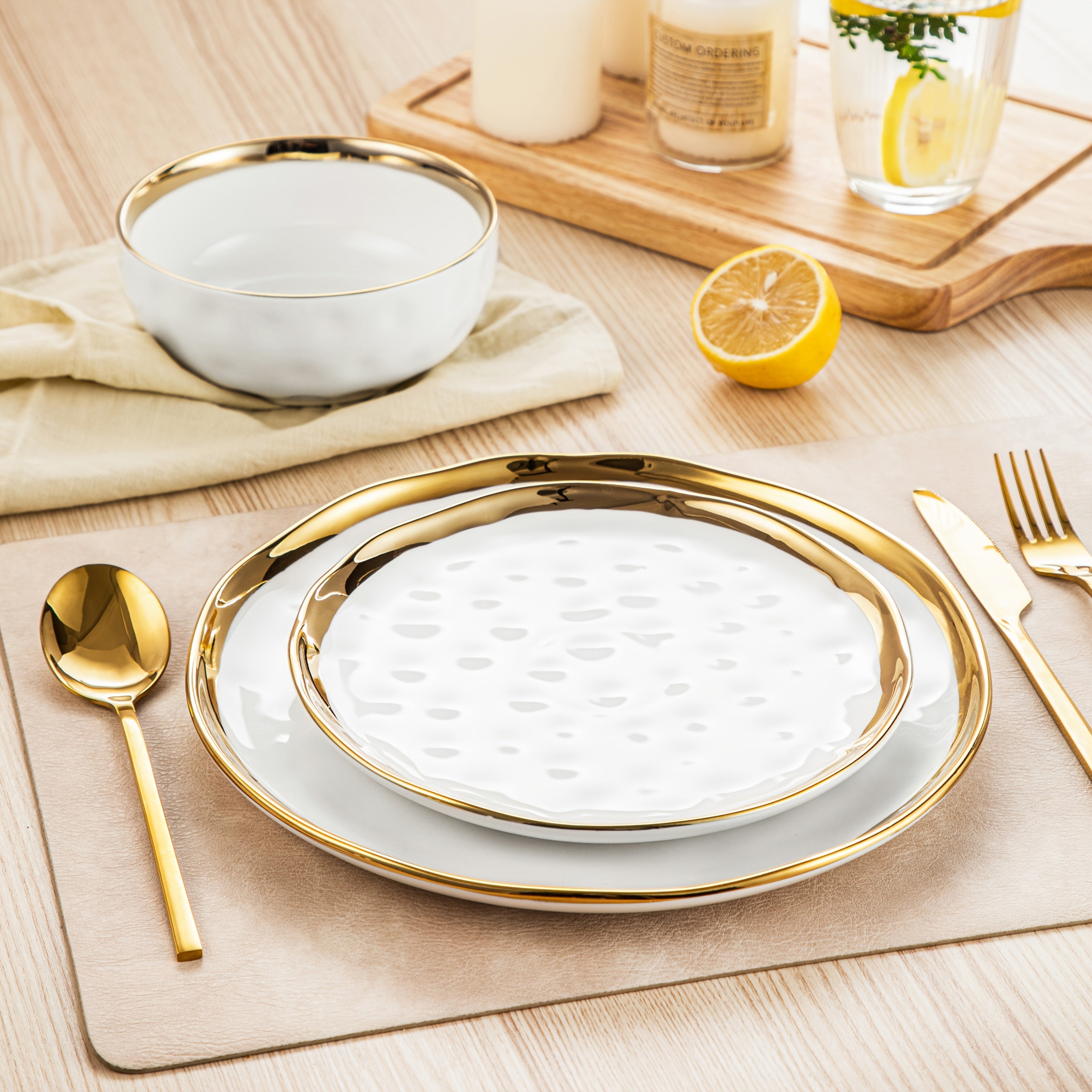[Dinnerware Sets] 12pcs White And Golden Stoneware Dinnerware Sets Handmade Dinnerware With Golden Trim, Dishwasher Safe Dinner Set