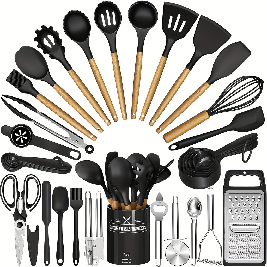 Kitchen Utensil Set - 34pcs Silicone Cooking Utensil with Rack, Heat-resistant Kitchen Utensil Spade Set, Suitable for Non-stick Cooking Utensils, Black Wooden Handle Kitchen Utensil Set