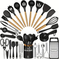 Kitchen Utensil Set - 34pcs Silicone Cooking Utensil with Rack, Heat-resistant Kitchen Utensil Spade Set, Suitable for Non-stick Cooking Utensils, Black Wooden Handle Kitchen Utensil Set