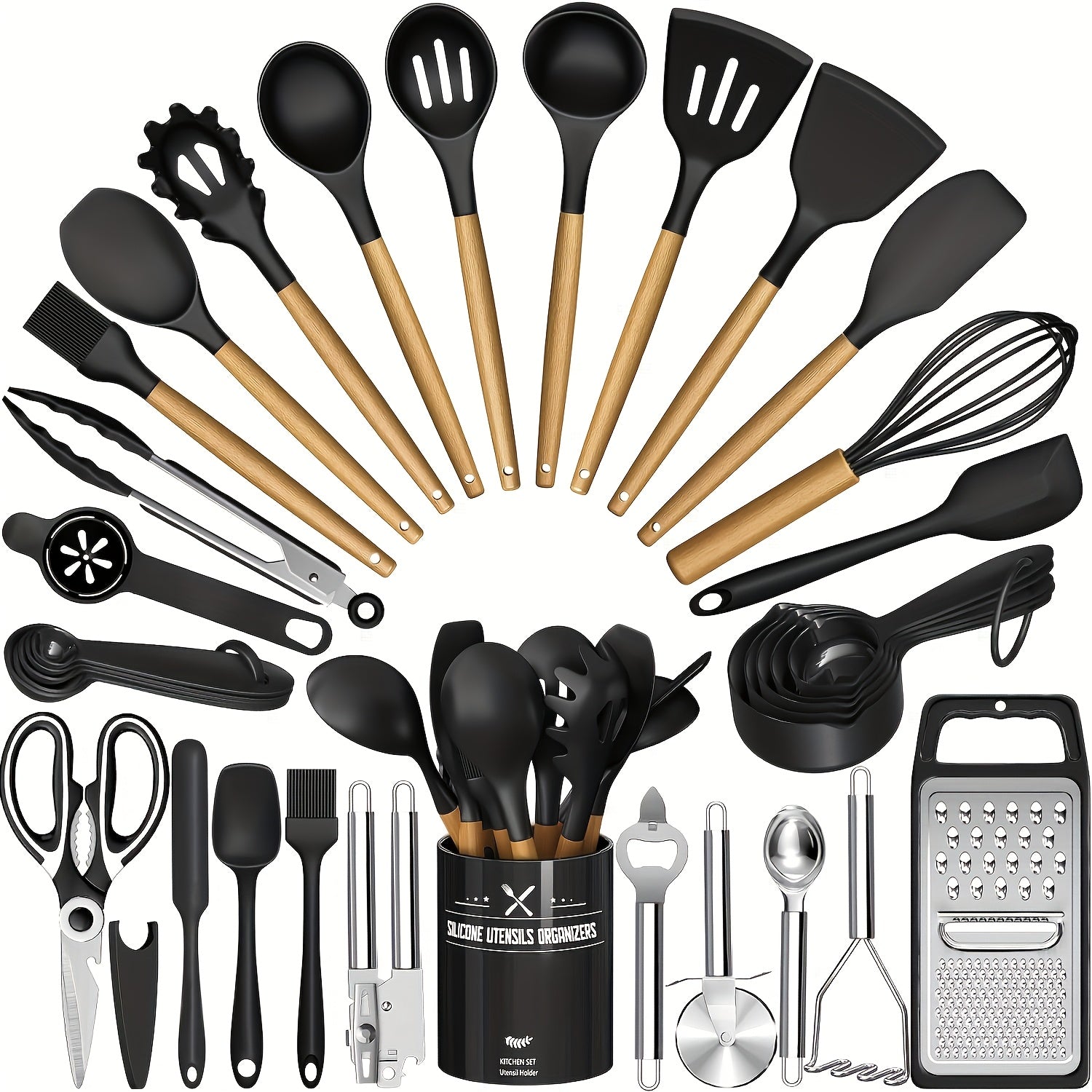 Kitchen Utensil Set - 34pcs Silicone Cooking Utensil with Rack, Heat-resistant Kitchen Utensil Spade Set, Suitable for Non-stick Cooking Utensils, Black Wooden Handle Kitchen Utensil Set