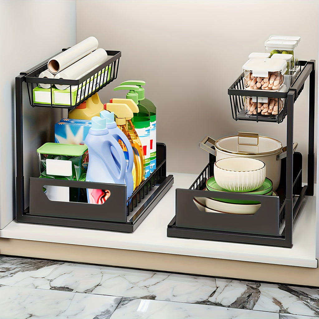 Kitchen Essential – 1/2pcs 2-story kitchen sink storage containers，push-pull cabinet organizer, kitchen and bathroom organizers and storage, study, tabletop, metal sliding drawers, practical