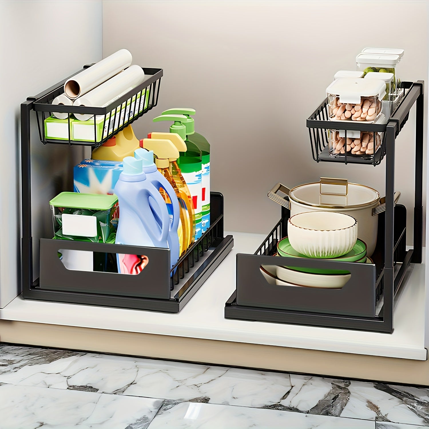 Kitchen Essential – 1/2pcs 2-story kitchen sink storage containers，push-pull cabinet organizer, kitchen and bathroom organizers and storage, study, tabletop, metal sliding drawers, practical