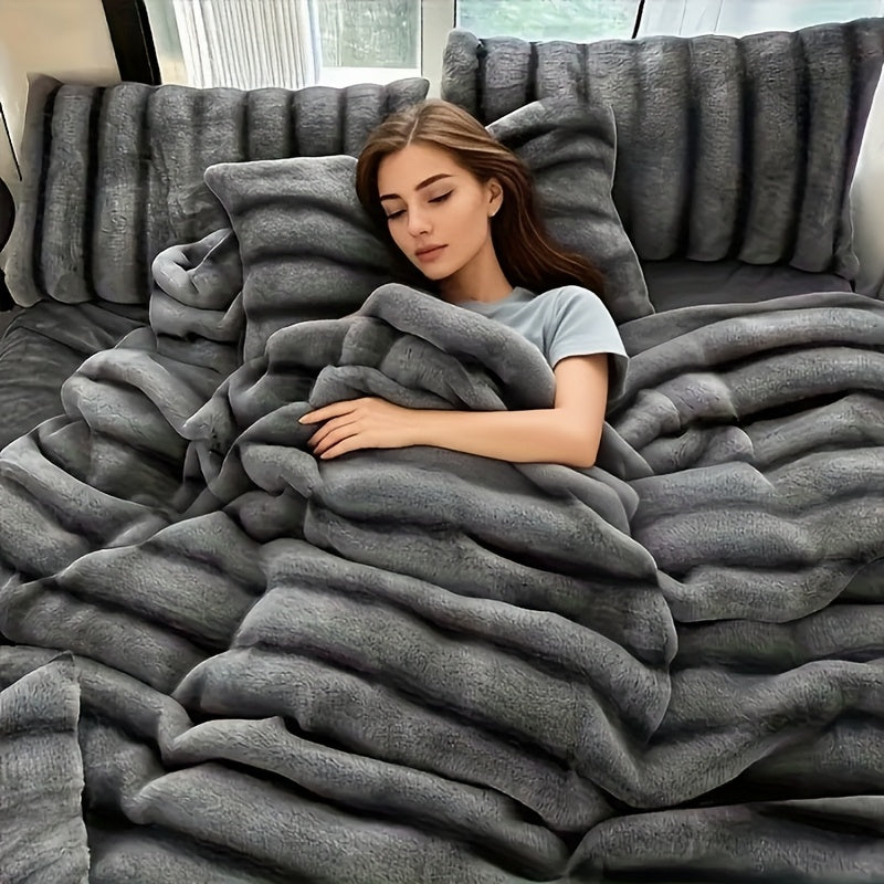 Smart Cozy Home Textile Accent – comfortable everyday home styling, Striped Luxurious Faux Rabbit Fur Throw Blanket Ultra-Soft Double-sided Blanket Kids Blanket ClassicStripe Pattern, designed for American homes, daily convenience and practical gifti