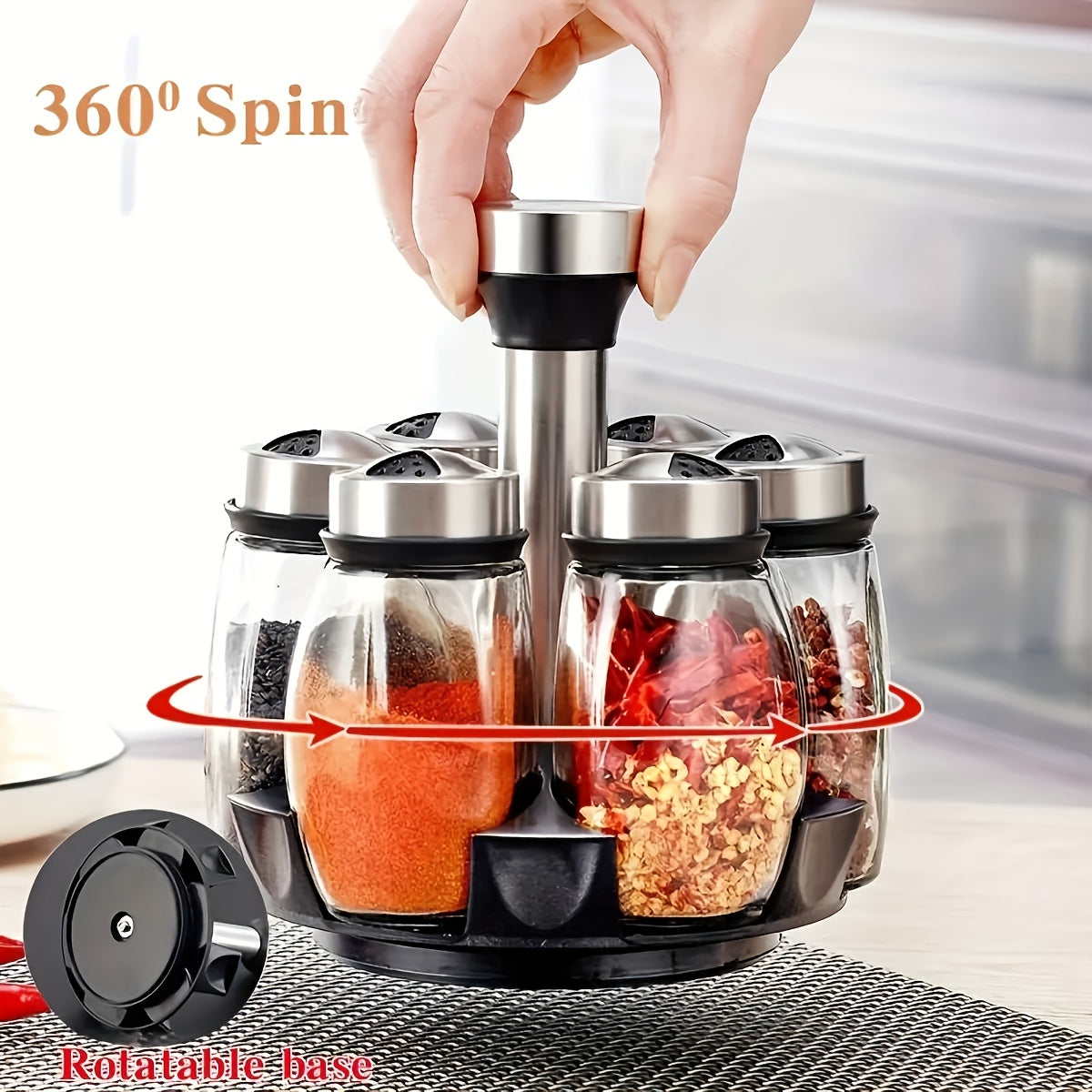 A Set Of 6/12 Glass Spice Jars with A Rotating Base, Featuring A 360° Rotating Design for Space-saving Kitchen Storage. Transparent Glass Jars Provide Visual Organization And Easy Access, While The Stainless Steel Lids Seal to Keep The Seasoning Neat
