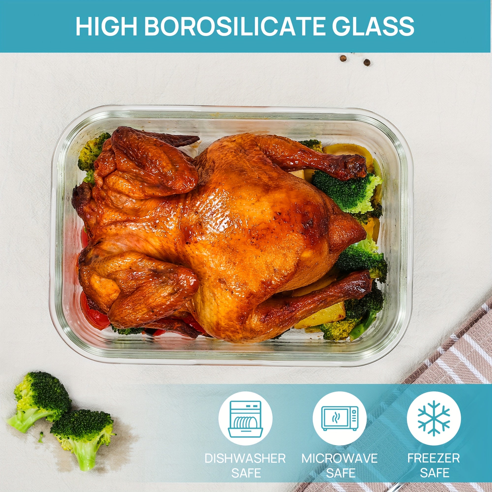 2Pack 1860ml/ 63oz Large Glass Storage Containers With Lids, Meal Prep Food Container Set With Snap Airtight Lid For Baking, Microwave, Oven, Leak Proof, For Freezer, Dishwasher