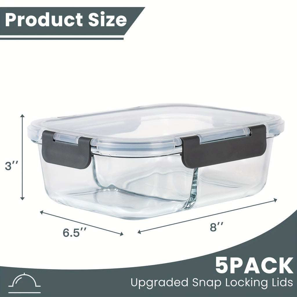 TYKOON 5/9pcs Glass Meal Prep Containers with Upgraded Snap-Lock Lids, 30/36oz Glass Food Storage Containers, 2-Compartment Set, Leak-Proof & Microwave, Oven, and Fridge Safe