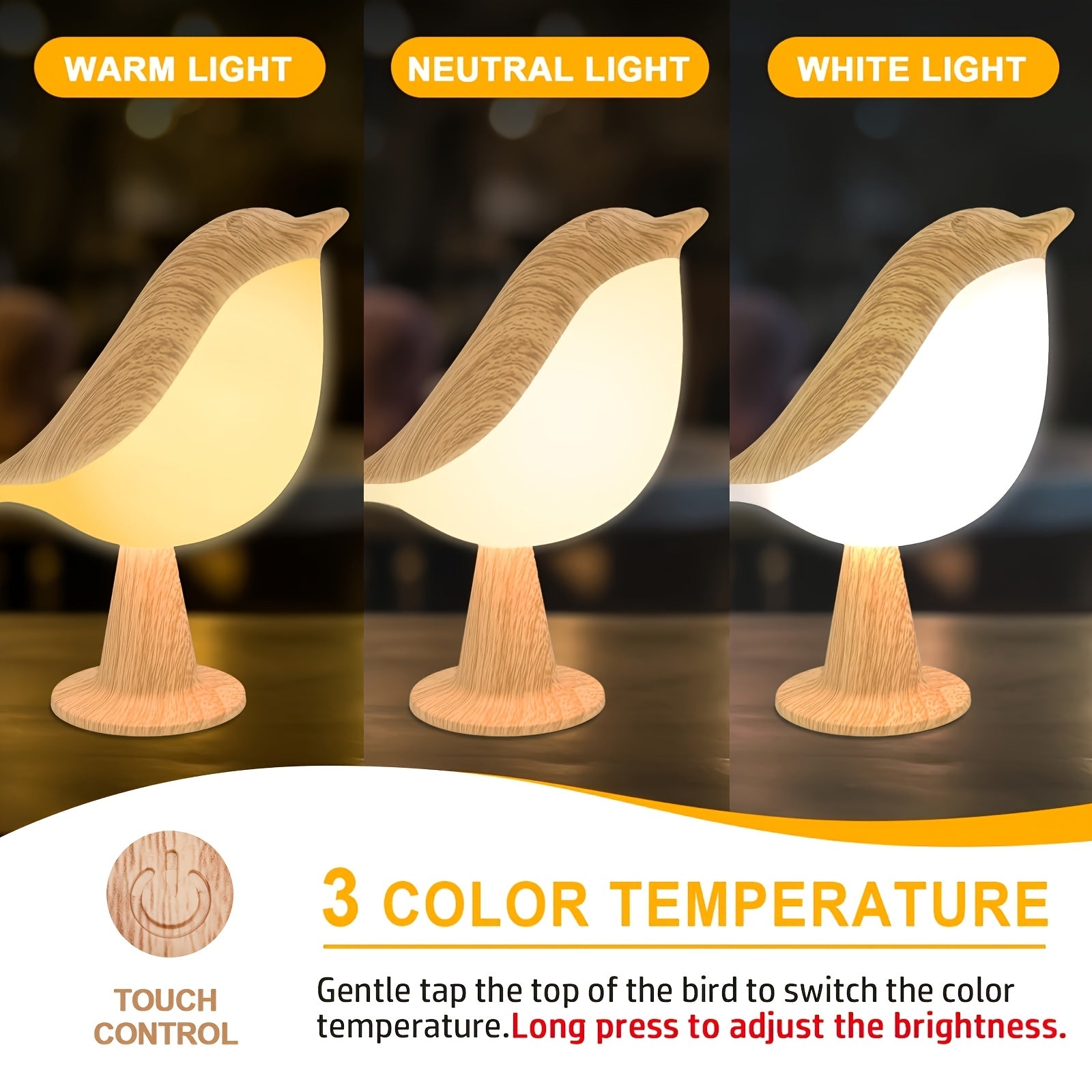 Compact 1pc Decorative Home Lighting – warm functional room lighting, 1pc Bird Night Light 16-Color Dimmable Cordless Desk Lamp 1800mAh Battery USB Rechargeable Touch, designed for American homes, daily convenience and practical gifting
