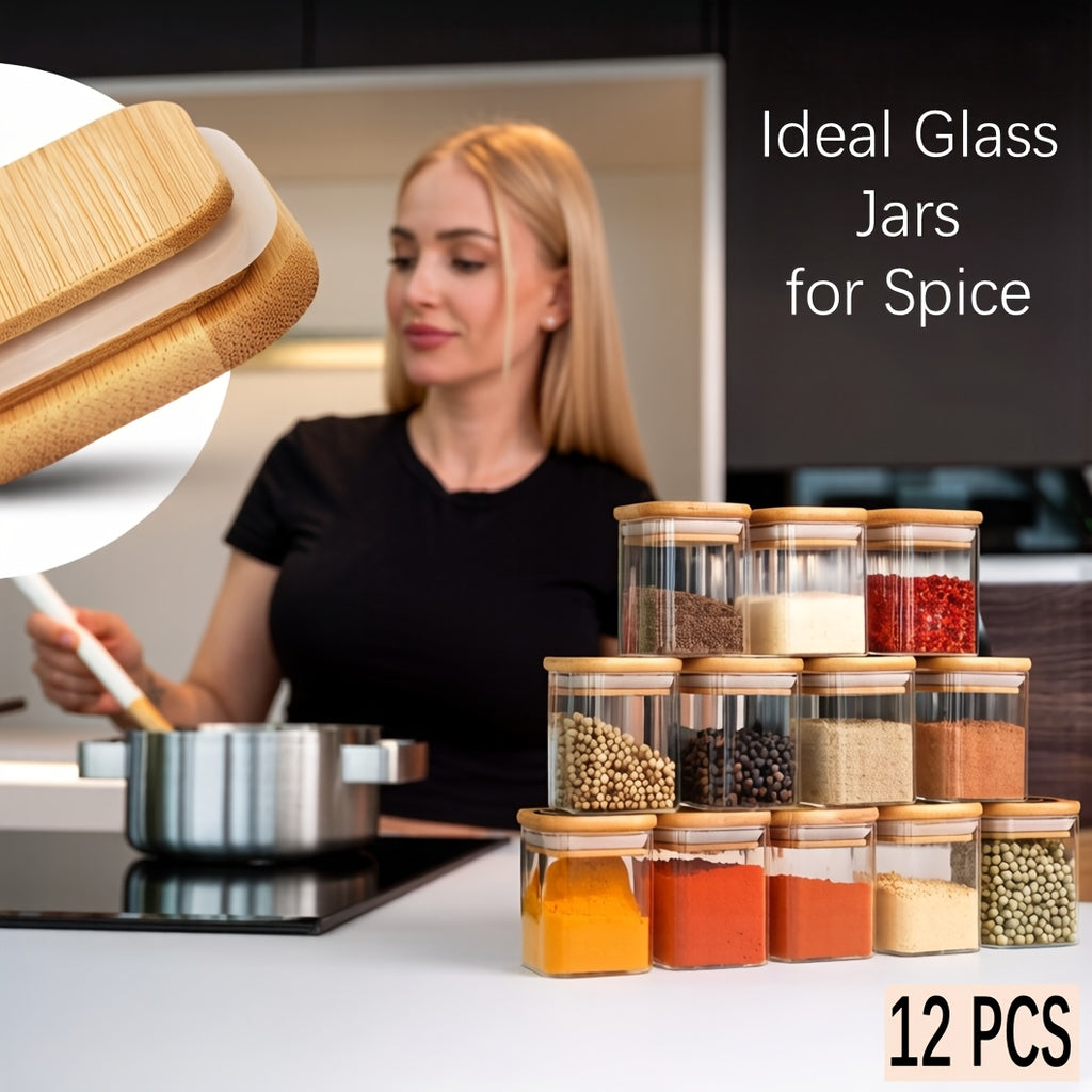Compact 12pcs Glass Spice Jar Set – clear reusable pantry storage, 12pcs Spice Glass Jars Set with Labels 5oz 7oz 9oz Square Spice Jars with, designed for American homes, daily convenience and practical gifting