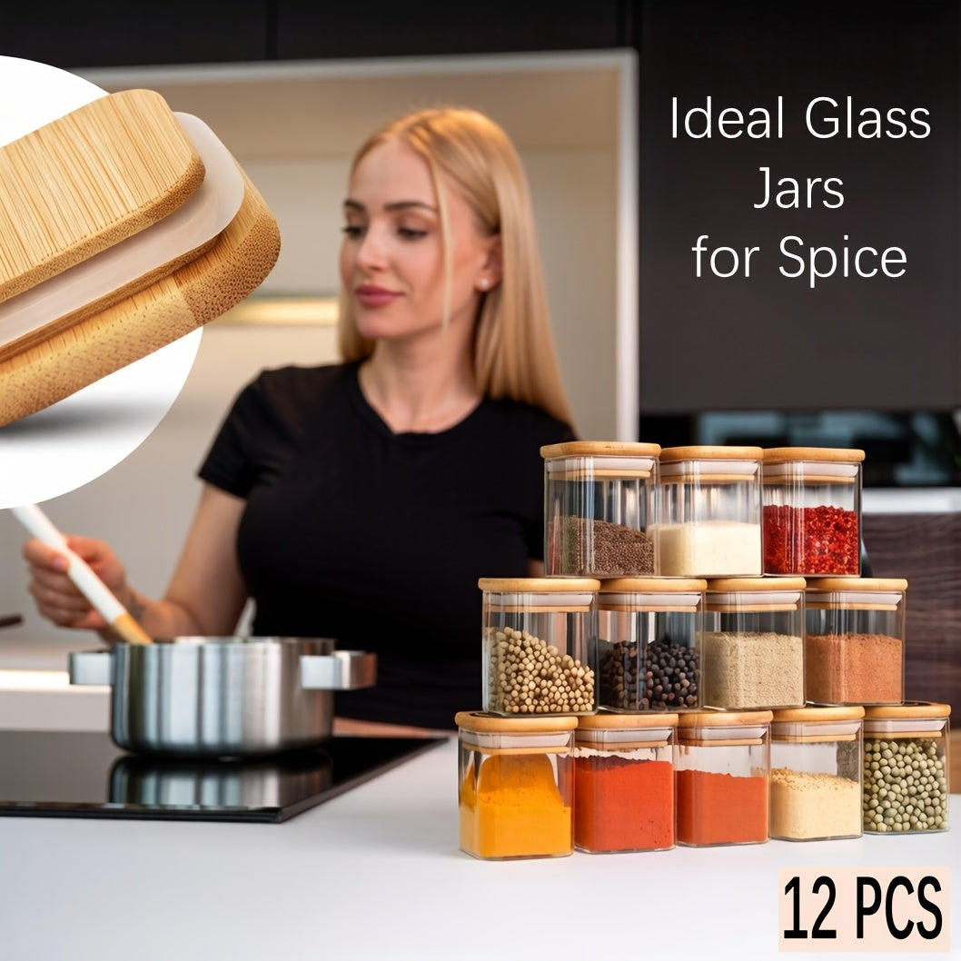 Compact 12pcs Glass Spice Jar Set – clear reusable pantry storage, 12pcs Spice Glass Jars Set with Labels 5oz 7oz 9oz Square Spice Jars with, designed for American homes, daily convenience and practical gifting
