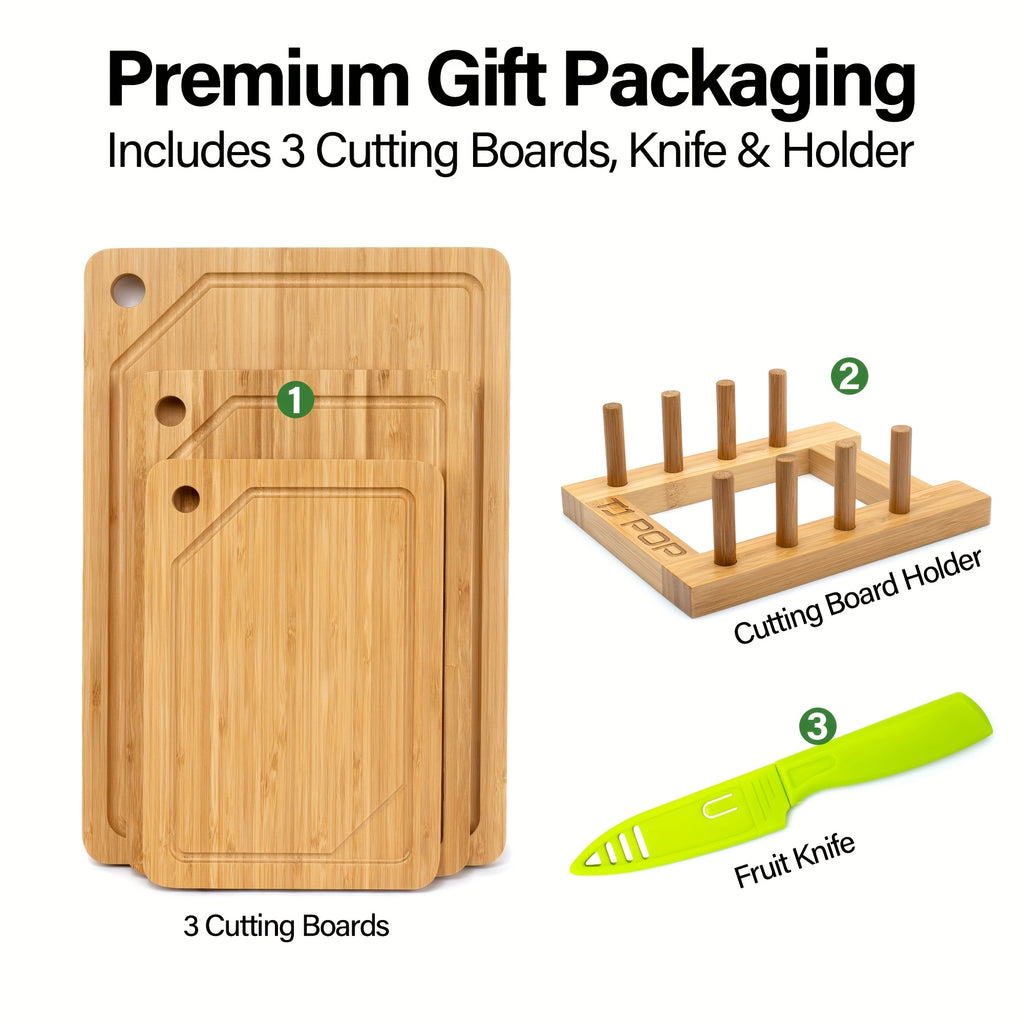 Bamboo Cutting Board for Kitchen, Bamboo Cutting Board Set Of 3 with Juice Groove, Double-Sided Chopping Board Serving Board with Hanging Hole for Meat, Vegetables And Cheese
