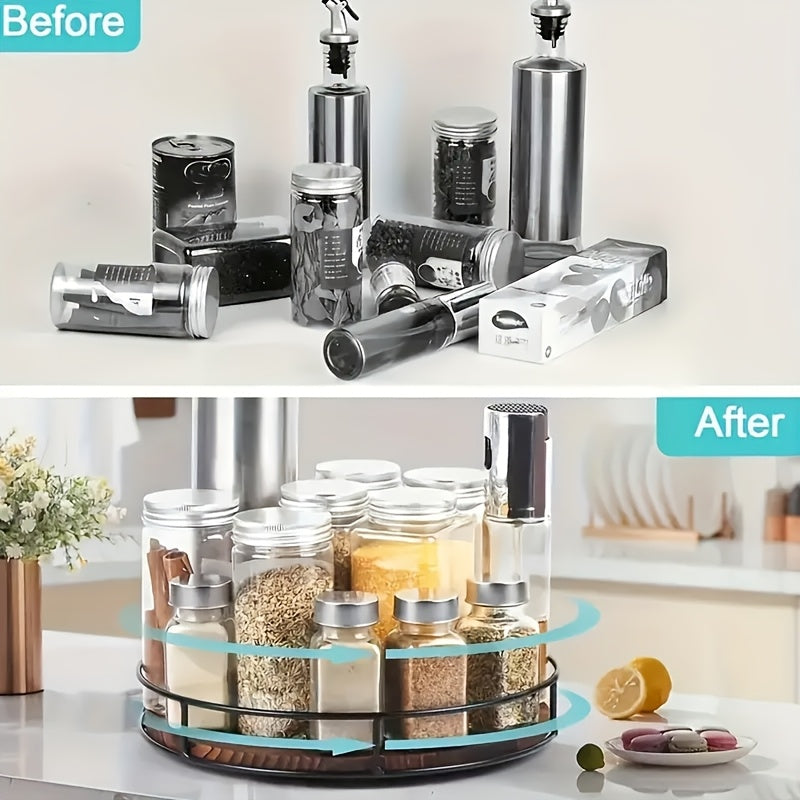 Heavy-Duty Adjustable Home Storage Rack – durable multi-purpose storage, Wooden Rotating Storage Rack with Steel Handrails Kitchen Spice Tray Susan Rotating Solid Wood, designed for American homes, daily convenience and practical gifting