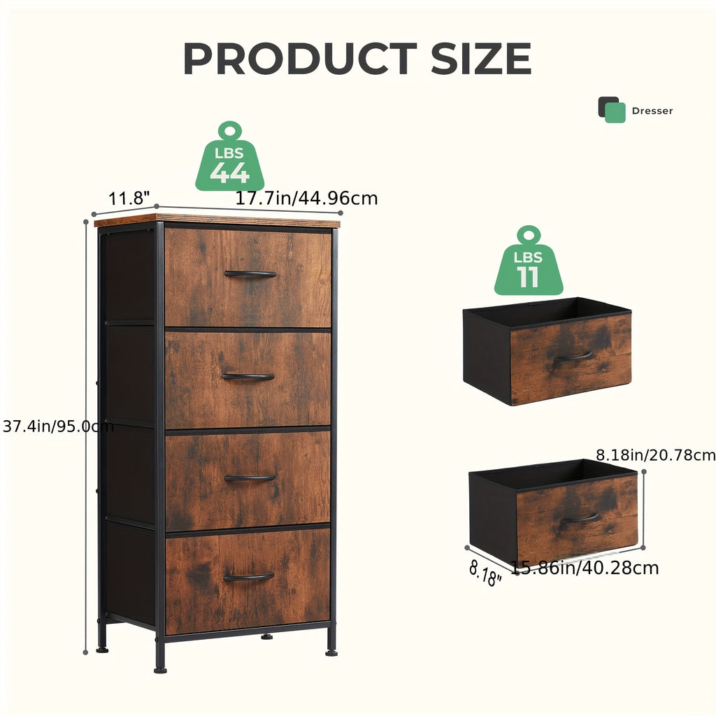 4-Drawer Dresser Organizer Storage Drawers, Chest of Drawers with Fabric Bin, Steel Frame, Wood Top, Use for Lab, Closet, Black/Brown/White/Gray to Choose