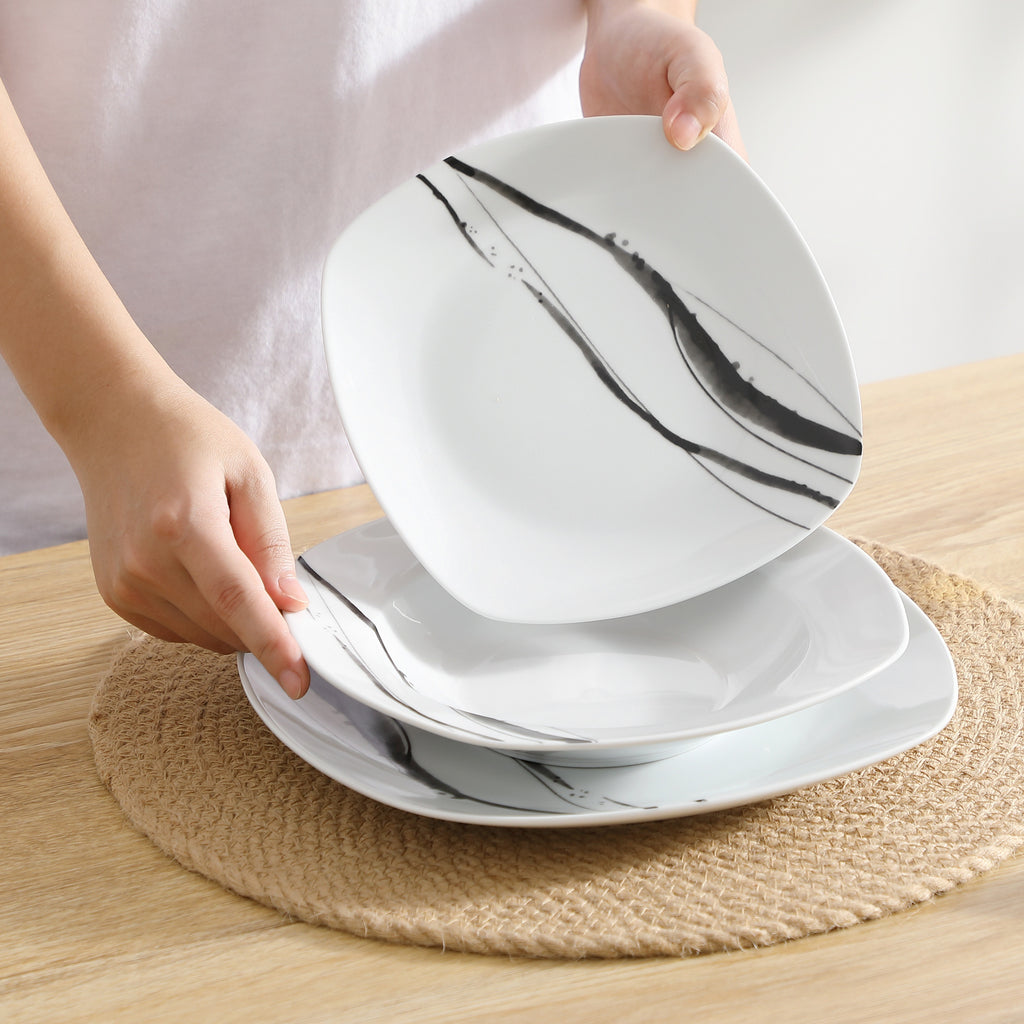 18pcs Dinner Set Service for 6, Porcelain Plates Set, Ink And Line Patterns Dining Set, Ivory White Round Dishes Set Plate Set Including 6 X 7.5" Dessert Plate, 6 X 8.5" Soup Plate, 6 X 9.75" Dinner Plate