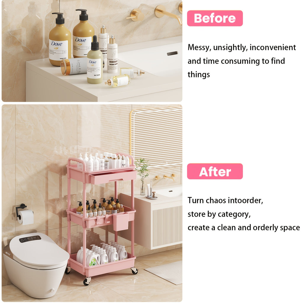 Kitchen Essential – 3 Tier Multifunctional Rolling Cart with Drawer, Durable Plastic Rolling Cart- with Drawers And Lockable Wheels, Includes Practical Accessories Like Cup Holders And Hooks
