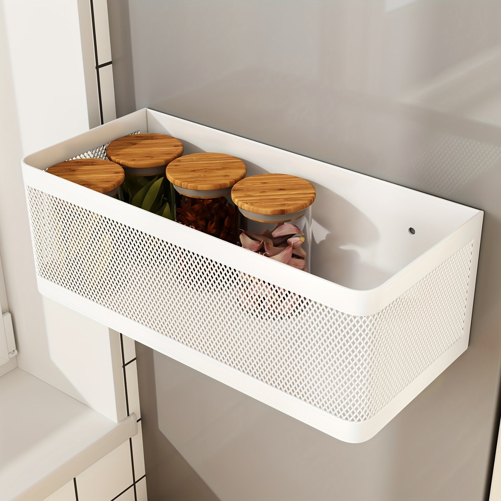 1 Set Refrigerator Magnetic Shelf Metal Spice Rack Basket Seasoning Oils Kitchen Gadgets, Large Capacity, Strong Magnetic Adhesion, Floating Shelves